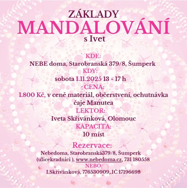 📣 ZÁKLADY MANDALOVÁNÍ s Ivet – tvořivý workshop pro dospělé 🌸 Chcete si odpočinout, zrelaxovat se a objevit kouzlo mandal?...
